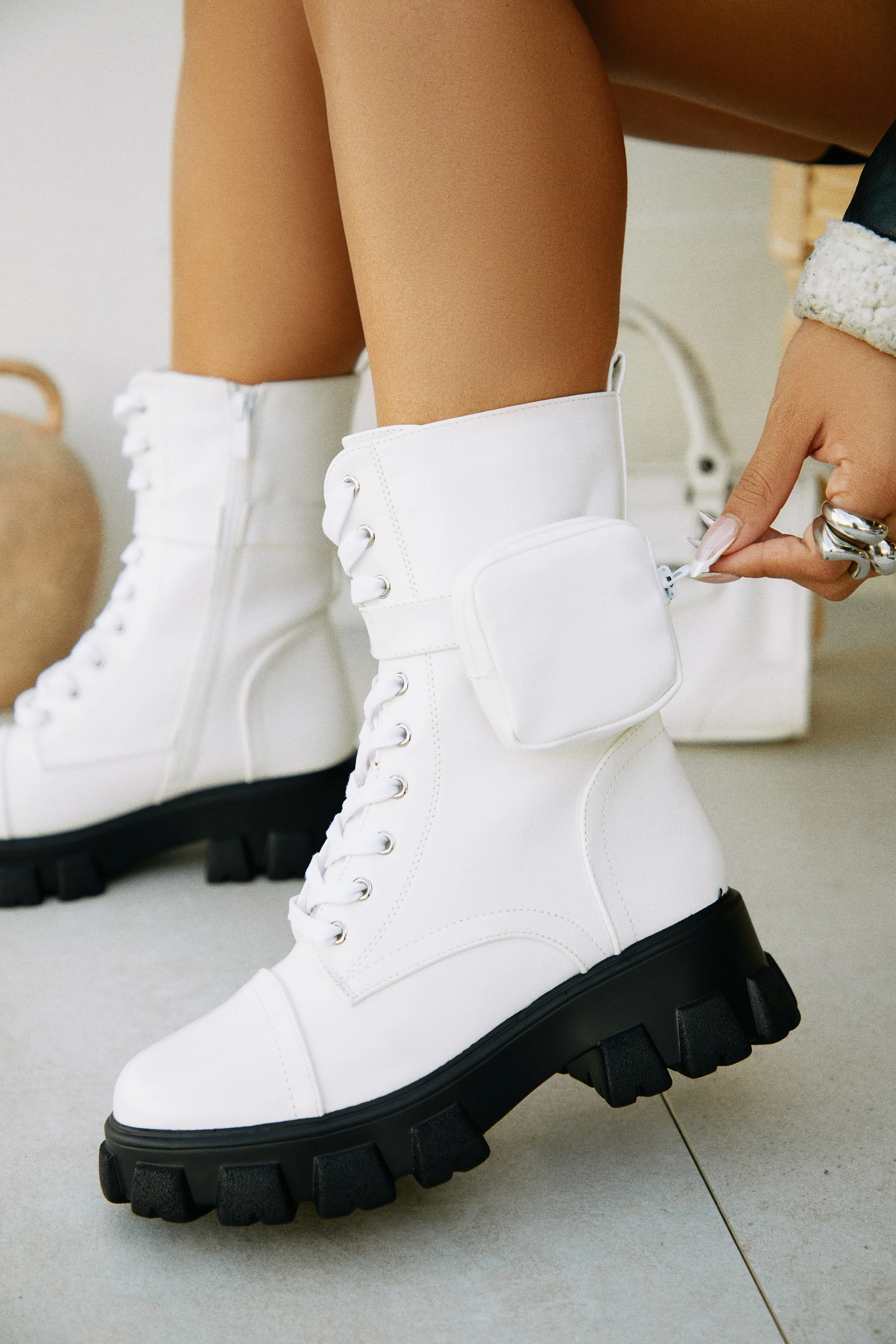 Arctic Chic Flat Combat Boots - White - Image 3