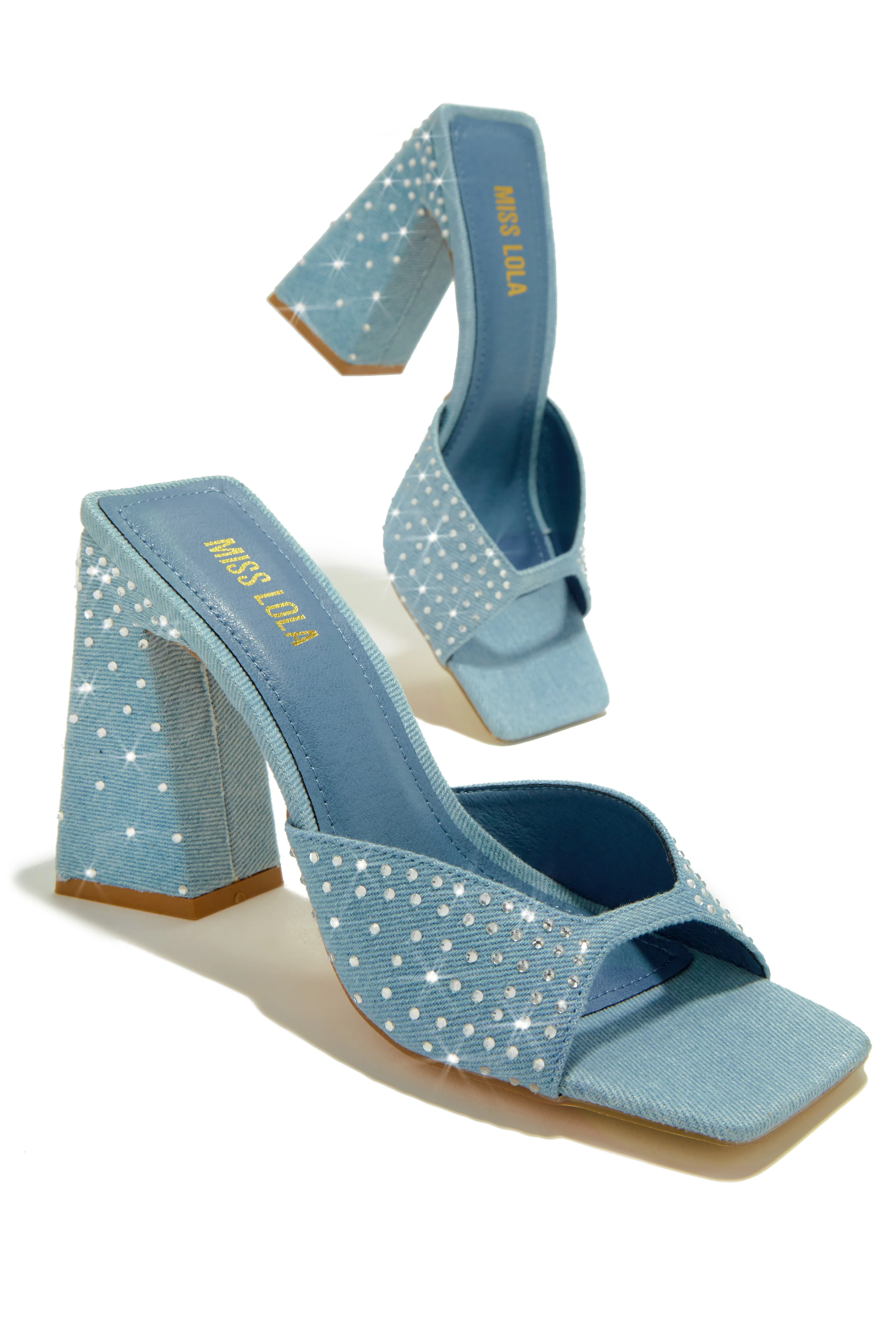 Azaria Embellished Block Heel Mules - Denim - Image 3