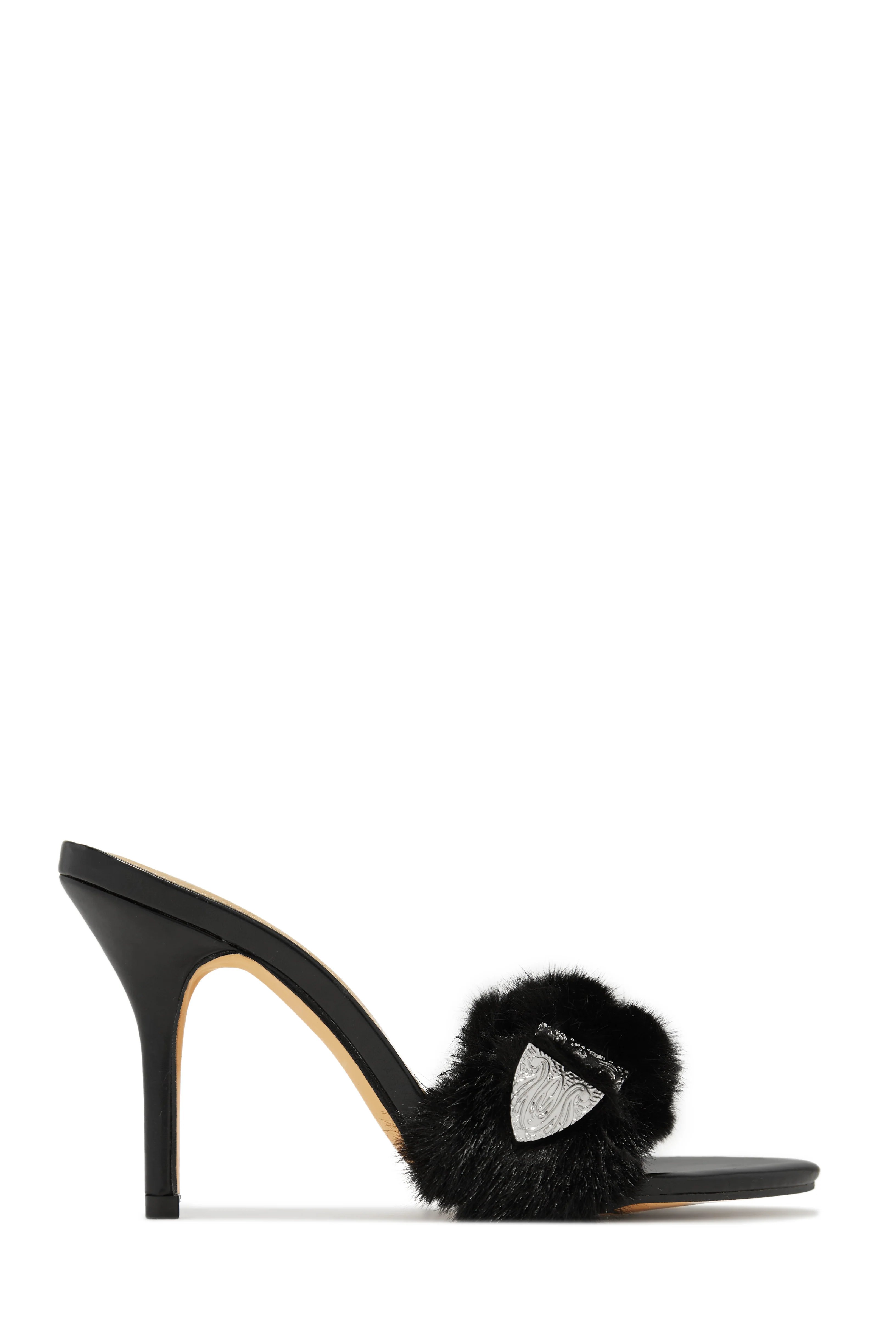 Cold Heart Faux Fur Strap High Heel Mules - Black - Image 7