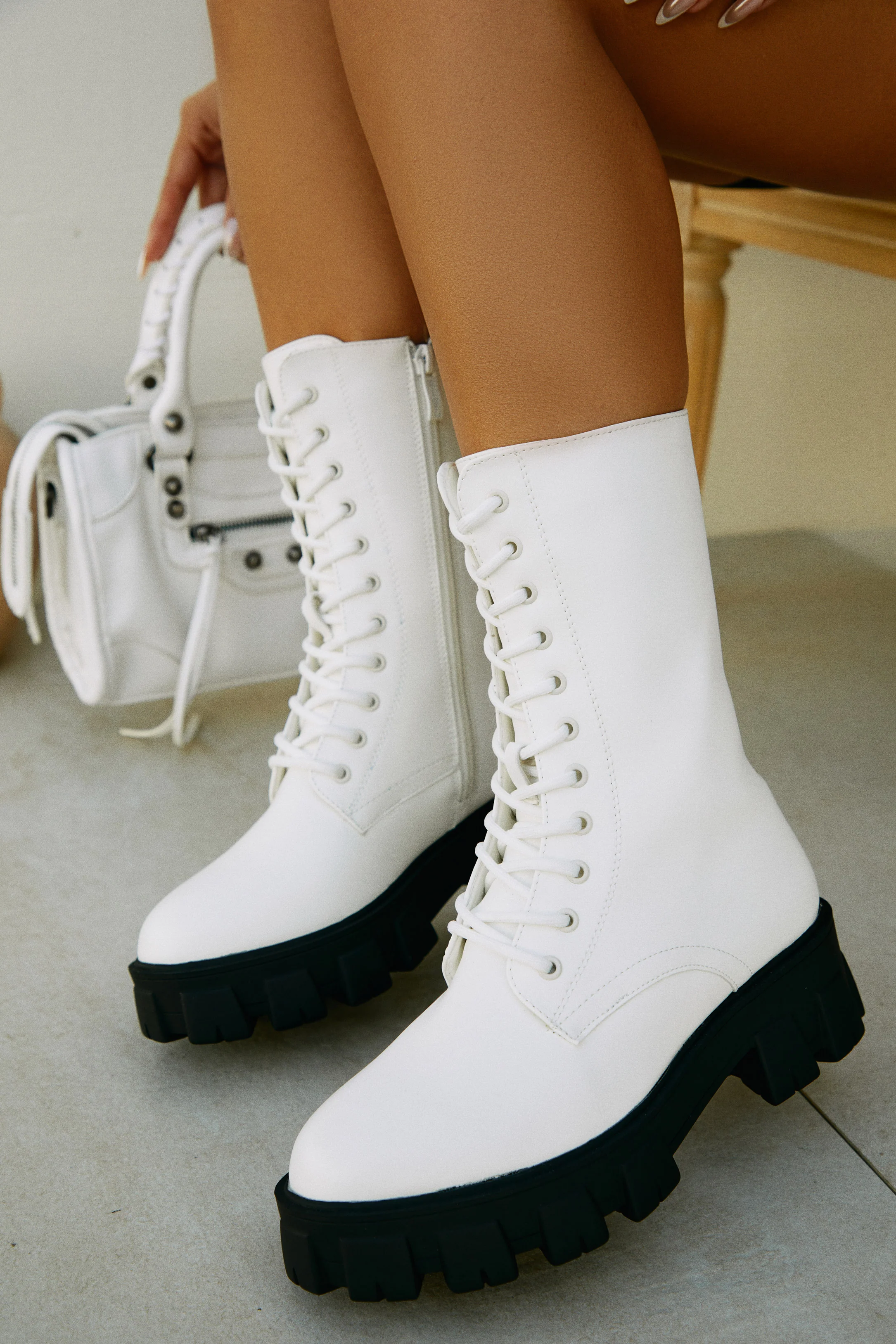 Dani Lace Up Combat Boots - White - Image 5