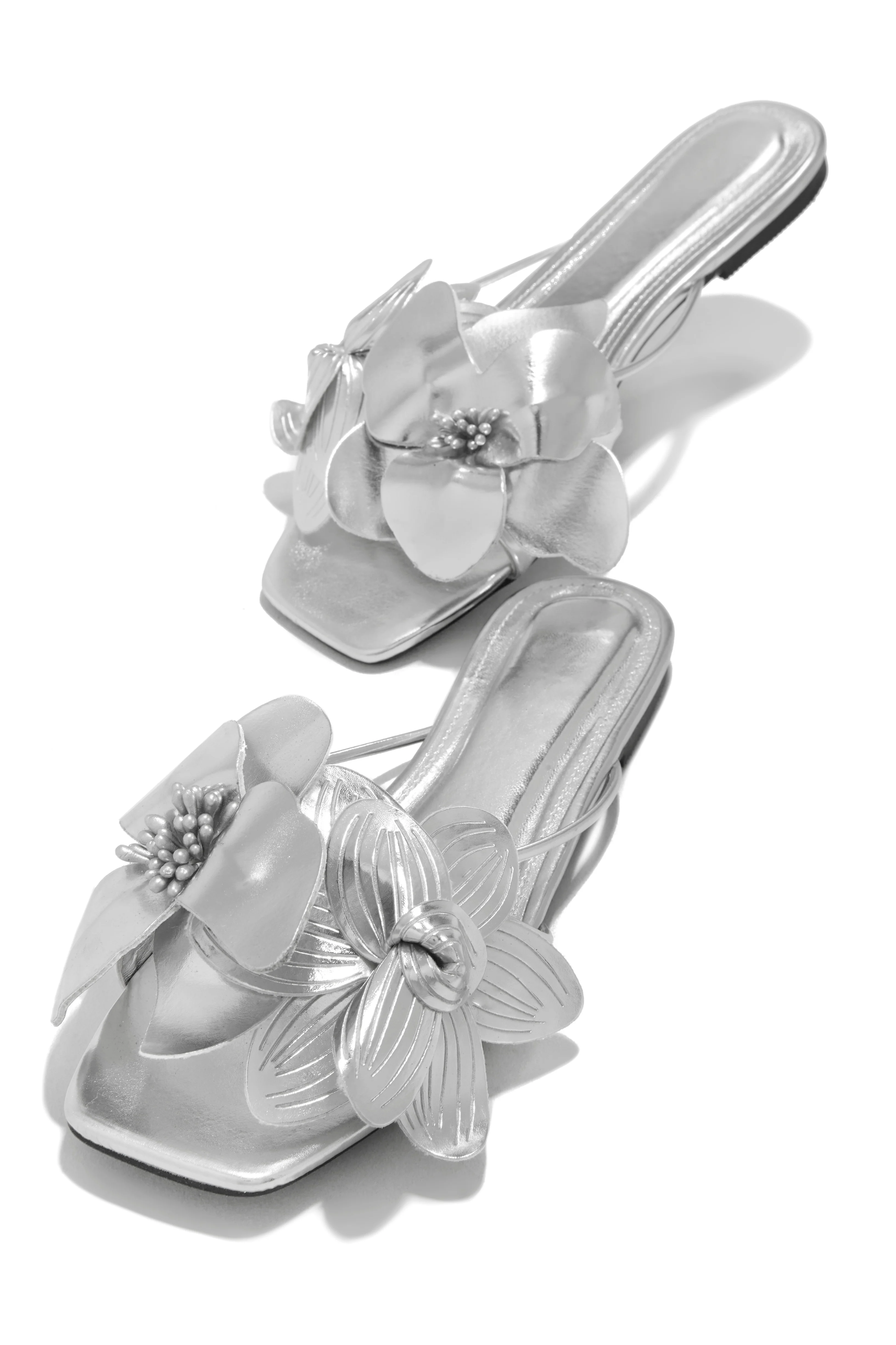 Golden Hour Floral Detail Slip On Sandals - Silver - Image 3