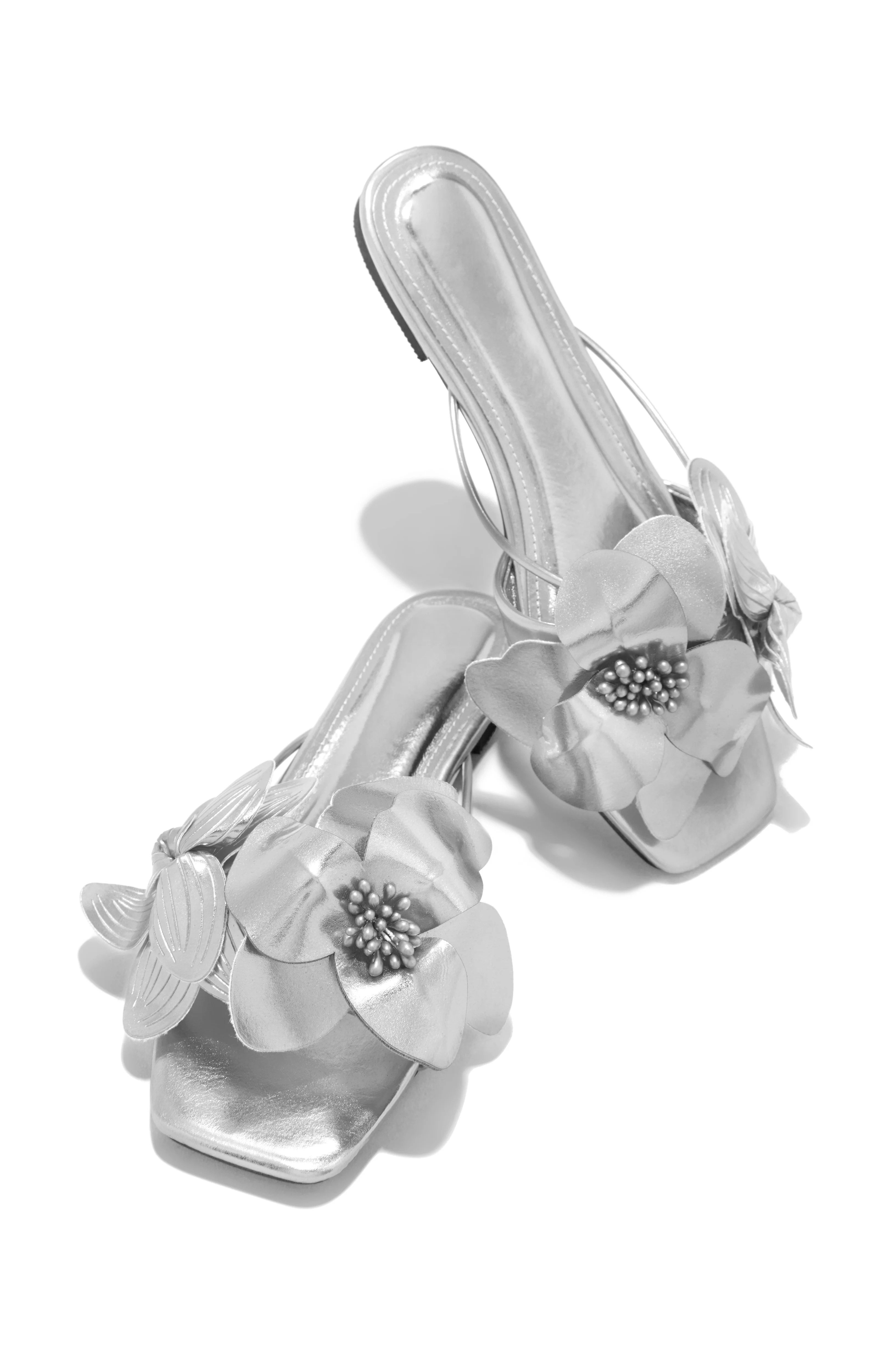 Golden Hour Floral Detail Slip On Sandals - Silver - Image 4