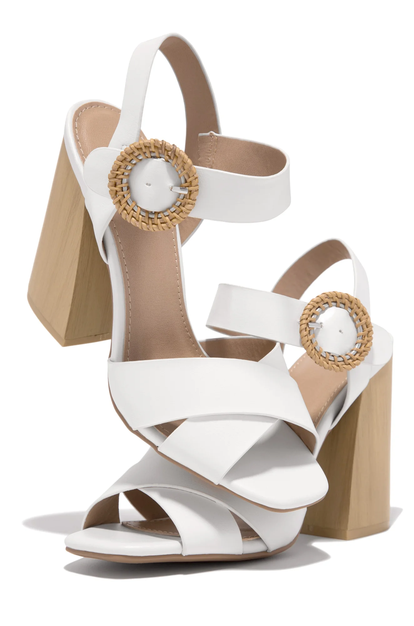 Leilani Raffia Buckle Block Heels - White - Image 4