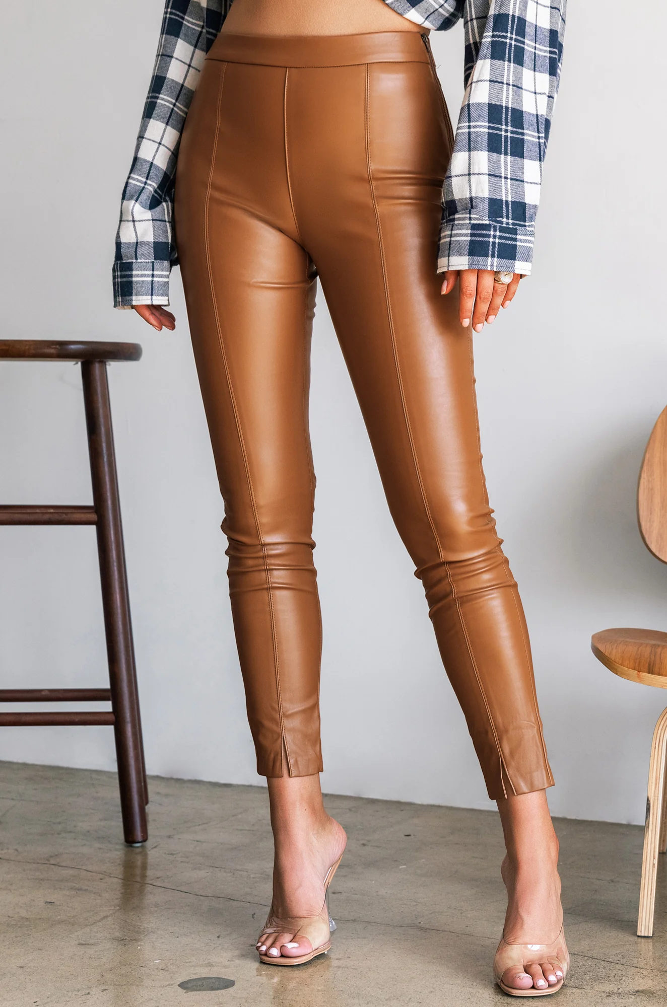 Make Jaws Drop High Waist Skinny PU Pant - Camel - Image 5