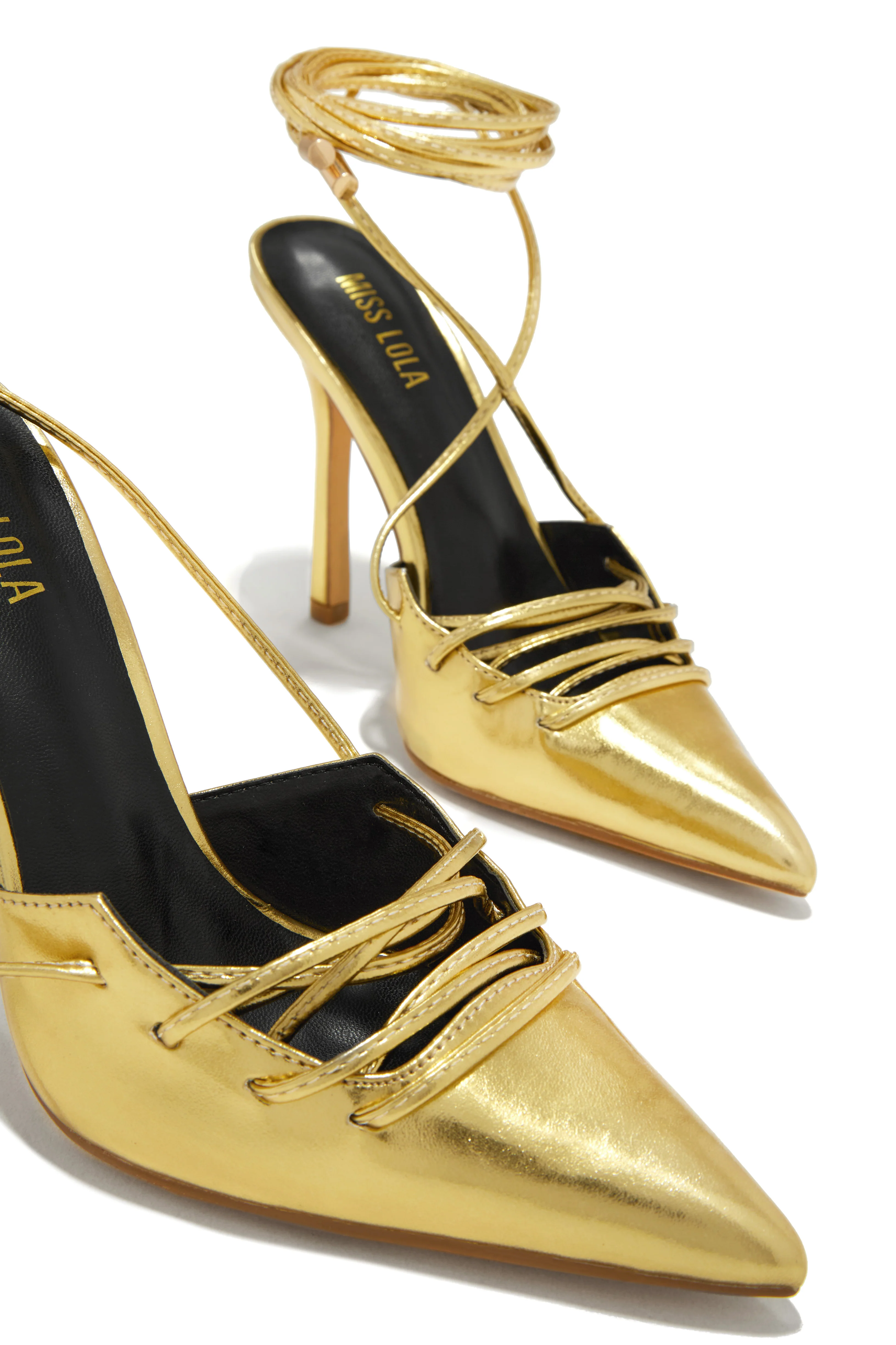 Simone Lace Up High Heel Pumps - Gold - Image 5